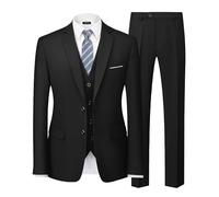 MY'S - Completo da Uomo 3 Pezzi, vestibilità Aderente, Giacca Blazer con Due Bottoni, Pantaloni, Gilet, con Cravatta, Tinta Unita, Abito da Sposo Smoking e Pantaloni, Tinta Unita, Nero, L