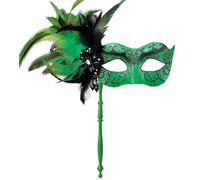MYSEUNI 2025 Nuova Maschera da Maschera Verde per Donne con Bastone - Maschera da Piuma Verde per Donne per Feste di Halloween, Carnevale, Cosplay, Prom, Natale, Matrimonio, Bar, Accessorio per