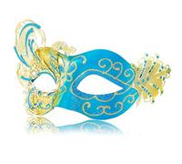 MYSEUNI 2025 Nuova Maschera in Maschera Oro e Blu per Donne - Maschera Occhi Farfalla - Maschere Veneziane in Filigrana di Metallo Pavone - Perfetta per Feste di Halloween, Feste in Maschera