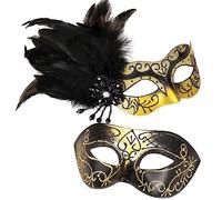 MYSEUNI Glod Masquerade - Maschera per coppie, da donna, con piume e maschere veneziane, per uomo, feste, martedì grasso, Halloween, cosplay, balli di fine anno, Natale