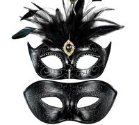MYSEUNI Maschera in maschera per coppia con piume, maschere da carniva con piume e maschera veneziana da uomo, per Halloween, Natale