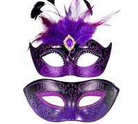 MYSEUNI Maschera in maschera per coppia con piume, maschere da carniva con piume e maschera veneziana da uomo, per Halloween, Natale