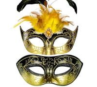 MYSEUNI Maschera in maschera per coppia con piume, maschere da carniva con piume e maschera veneziana da uomo, per Halloween, Natale