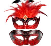 MYSEUNI Maschera veneziana 2025 per coppie con piume, maschera in maschera rossa per donne e uomini, costume per Halloween, carnevale, cosplay, feste, balli di fine anno