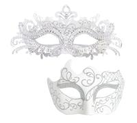 MYSEUNI Maschera veneziana bianca per coppie, in filigrana di strass lucidi, maschera veneziana vintage da uomo, per matrimoni, serate, balli in maschera, martedì grasso, colore bianco, taglia unica