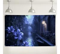 Mysterious Blue Canal Scene Sfondo Fotografico Fantasia Floreale, Elegante decorazione notturna per feste ed eventi fotografici, 180 x 109 cm