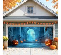 Mysterious Halloween Garage Door Cover,Blue Spooky Castle Scene Large Garage Door Decorations, Autumn Indoor and Outdoor Party Background Decor 157x180 Pollici