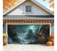 Mysterious Train Garage Door Cover,Dark Green Scenic Mountain Large Garage Door Decorations, Fall Indoor and Outdoor Halloween Party Background Decor 157x180 Pollici