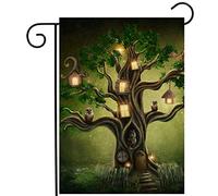 Mysterious Tree Birds Owls Lantern House In Woods Fantastic Fairy Bandiere Durevole Bandiera Da Giardino Colore Vivido Flag Per Esterno Portico Balcone 30X45Cm