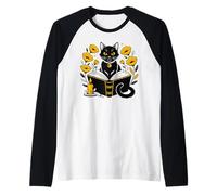 Mystic Cat with Spell Book Candle Flowers Witchcore Maglia con Maniche Raglan