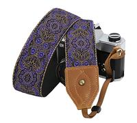 Mystic,Cinturino per fotocamera viola a doppio strato, in pelle di vacchetta piena fiore, cinghie per fotocamera in cotone ricamato, spallacci regolabili e collo per tutte le fotocamere DSLR