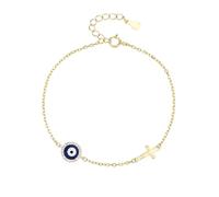 MYSTIC JEWELS Bracciale in argento sterling 925 placcato oro con croce e occhio turco - design minimalista con zirconi - regolabile 16 + 3 cm, Unico Tamaño, Argento sterling, Nessuna pietra preziosa