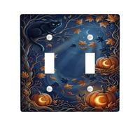 Mystical Cat and Pumpkins Halloween doppio interruttore luce piastra di | Zucche luminose, foglie d'acero autunnali, luna crescente, foresta spettrale, scena notturna mistica