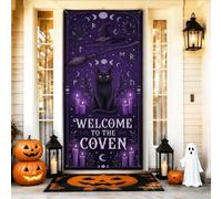 Mystical Cat Coven - Copri porta per Halloween, 91 x 183 cm | Cappello da strega, sfondo per porta d'ingresso, manico di scopa, simboli occulti, lettere gotiche, atmosfera mistica
