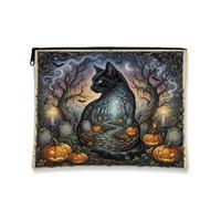 Mystical Cat Forest Cimitero Art Halloween Makeup Bag 17,8 x 22,9 cm | Tema foresta gotica, astuccio con cerniera per trucco, zucche luminose, silhouette del cimitero, accessorio artistico