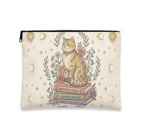 Mystical Cat - Trousse per trucchi con motivo floreale vintage, organizer per cosmetici da donna, in tela con cerniera, borsa da toeletta per tutti i giorni da viaggio, Beige, 7x9 Inch, Gatto