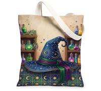 Mystical Celestial Wizard Hat Pozione Canvas Tote Bag 33 x 38 cm | Stelle lunari celesti, bottiglie di pozioni farmaceutiche, tema fantasia mistica, stampa artistica fantasiosa