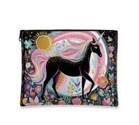 Mystical Magical Horse Trousse cosmetica nera floreale fantasia da viaggio per trucco con cerniera per donne, organizer magico per la cura della pelle per vacanze e festival, nero, 7x9 Inch, Cavallo