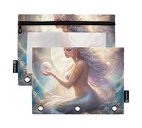 Mystical Mermaid - Raccoglitore a 3 anelli, con cerniera, per studenti, scuola, trasparenti, 24,9 x 18 cm, 2 confezioni