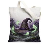 Mystical Witch Hat and Ghost Graveyard Graphic Canvas Tote Bag 33 x 38 cm | Motivi di fantasmi luminosi, modelli celesti, scena gotica del cimitero, atmosfera eterea, estetica strega fantasiosa