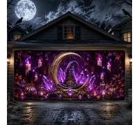 Mystical Witch Hat Crescent Moon Halloween Garage Door Cover 157 x 71 | Tema della luna crescente, sfondo della porta del garage, accenti di cristallo, fogliame autunnale, estetica mistica