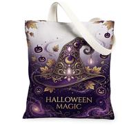 Mystical Witch Hat Halloween Magic Canvas Tote Bag 33 x 38 cm | Accenti in filigrana d'oro, motivi mistici celesti, foglie d'acero autunnali, lanterne Jack-o-lanterne incandescenti