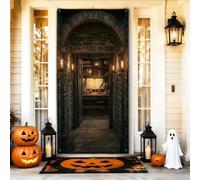 Mystical Wizard Library Stone Arch Halloween Door Covers 91,4 x 182,9 cm | Interno di studio mago, striscione portico, tema biblioteca antica, muratura in pietra mistica, decorazione per la casa