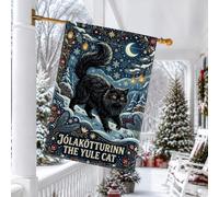 Mythical Yule Cat Winter Folklore Black Christmas House Flag 71,1 x 101,6 | Paesaggio della foresta invernale, bandiera del cortile, lanterne da appendere luminose, stile artistico