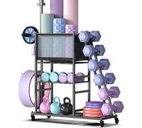 Mythinglogic Porta Manubri, Porta Pesi Multifunzionale per Manubri, Tappetino Yoga, Rullo Fascia, Kettlebell e Blocco Yoga, Portaoggetti per Palestra in Casa con Ruote e Ganci