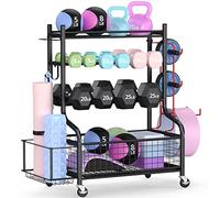 Mythinglogic Rastrelliera Manubri, Multifunzionale Porta Manubri Applica a Tappetino Yoga, Kettlebell e Blocco Yoga, Rack Manubri in Acciaio Verniciato a Polvere Con Ruote e Ganci