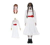 Mythloom Costume da Anna spaventoso per bambini, bambola horror per ragazze, abito lungo bianco con parrucca in vita, set completo, fantasma spaventoso, giochi di ruolo, costume per Halloween