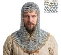 Mythrojan Chainmail Coif Armor Medieval Replica Armour with Brass Edges Viking Knight Renaissance 16 gauge Armor Chain Mail Hood for Cosplay Reenactment Medieval Events Viking LARP - Large