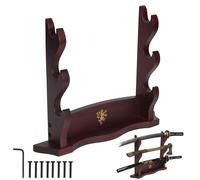 Mythrojan Medieval Sword Stand Solid Wood Horizontal Display Rack for Katana, Samurai, Gladiator, Crusader Swords Elegant Tabletop Holder, 3-Tier - Dark Brown