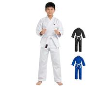 Mytra Fusion Kimono da Karate per Bambini con Cintura - Uniforme Leggera e Resistente per Arti Marziali, Taekwondo e Allenamento - Gi Traspirante in Cotone (Bianco, 0000/100)