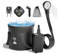 Mytrix 2024 Doccia da Campeggio, Pompa di aspirazione Ricaricabile da 6000 mAh, Testina di spruzzo Multi-modalità e Secchio Pieghevole per Acqua da 5 galloni per Escursioni in Viaggio all'aperto