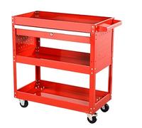 MYUYEE Rolling Tool Cart Service Cart,3Tier Metal Steel Utility Cart with Wheels for Mechanics,Auto Repair Parts Cart(Single Red)