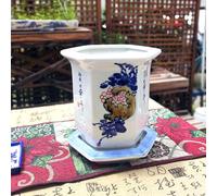 MYUYEE Set di 1 Vaso in Ceramica Blu e Bianco vasi da Fiori in Ceramica Cinese Vaso Decorativo per Piante grasse con vassoi per Interni Esterni scrivania Giardino,D