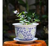 MYUYEE Vaso da Fiori in Porcellana Blu e Bianca Chinoiserie Jingdezhen Vaso da Fiori in Ceramica con Vassoio Fiore Traspirante Pianta Verde Pianta in Vaso Collezione,G-21cm