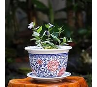 MYUYEE Vaso da Fiori in Porcellana Blu e Bianca Chinoiserie Jingdezhen Vaso da Fiori in Ceramica con Vassoio Fiore Traspirante Pianta Verde Pianta in Vaso Collezione,F-24cm