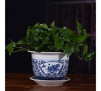 MYUYEE Vaso Decorativo in Ceramica in Porcellana Blu e Bianca con sottovaso per Piante da Interno Contenitore per Fiori con Foro di drenaggio per Piante Bonsai.,C-19cm*28cm