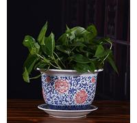 MYUYEE Vaso Decorativo in Ceramica in Porcellana Blu e Bianca con sottovaso per Piante da Interno Contenitore per Fiori con Foro di drenaggio per Piante Bonsai.,D-19cm*28cm