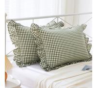 Mywinlle Federe per cuscini king size con volant a quadri verdi 50,8 x 91,2 cm, confezione da 2 federe in cotone lavato