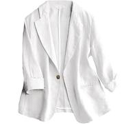 Mywinway - Blazer da donna casual, a maniche 3/4, leggero, in cotone e lino, per l'estate e la primavera, bianco, X-Large