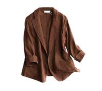Mywinway - Blazer da donna casual, a maniche 3/4, leggero, in cotone e lino, per l'estate e la primavera, Caffè, Large
