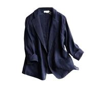 Mywinway - Blazer da donna casual, a maniche 3/4, leggero, in cotone e lino, per l'estate e la primavera, Navy, Large