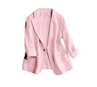 Mywinway - Giacca da donna casual, a maniche 3/4, leggera, in cotone e lino, per l'estate e la primavera, Rosa, Medium