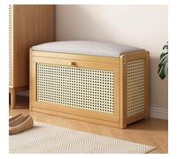 MYXJX panca per scarpe, Con ripiano regolabile e cuscino di seduta in lino, panca portaoggetti in legno for corridoio e camera da letto(Natural,70 * 24 * 44cm)