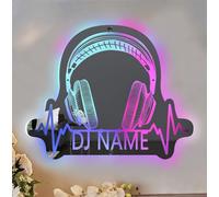 MYZQIFF Personalizzato DJ auricolari specchio segno muro appeso decorazione, nome personalizzato Disc musica Player muro segno d'arte con la luce del LED, DJ cuffie ha portato segno di luce al neon