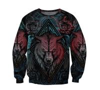 MYZTTZR Vichingo Uomo Felpa Nordico Mitologia Tatuaggio Modello Vintage Casual Moda Manica Lunga Collo Rotondo Valhalla Medievale,Viking Wolf,3XL