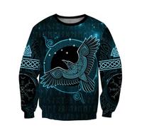 MYZTTZR Vichingo Uomo Felpa Nordico Mitologia Tatuaggio Modello Vintage Casual Moda Manica Lunga Collo Rotondo Valhalla Medievale,Raven,L